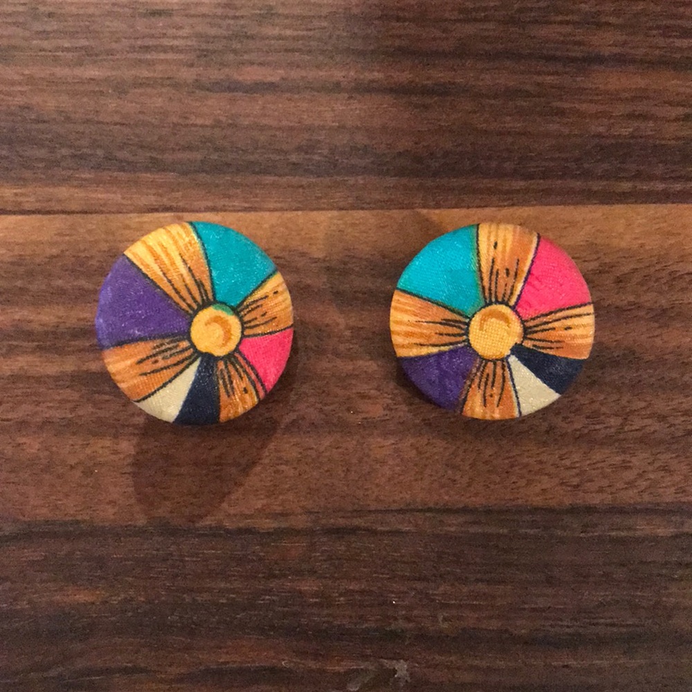 bright geometric fabric covered clip-on earrings